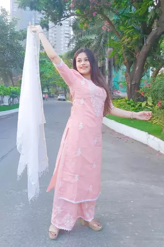 Peach embroidery women kurta palazzo with dupatta set