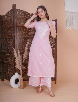 Peach embroidery women kurta palazzo with dupatta set 4