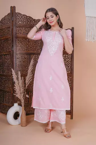 Peach embroidery women kurta palazzo with dupatta set