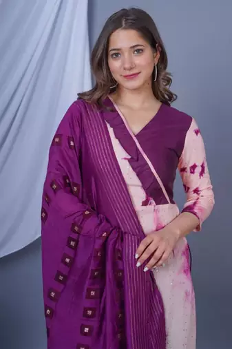 Purple women printed kurta pant with dupatta set