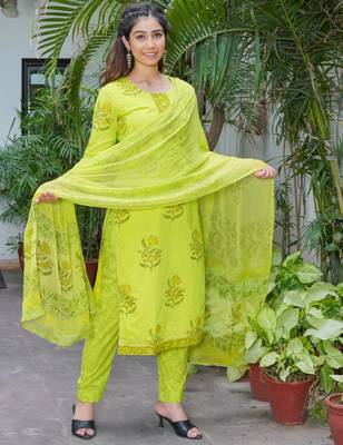 Lime green women kurta pant with dupatta set 1
