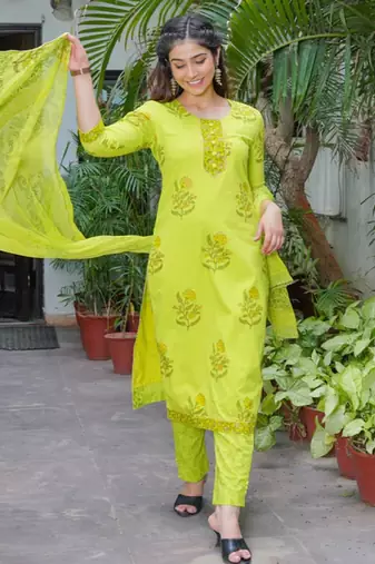 Lime green women kurta pant with dupatta set