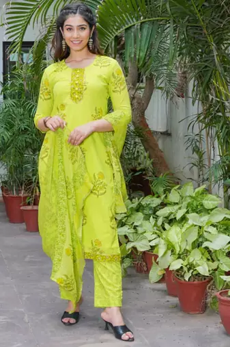 Lime green women kurta pant with dupatta set