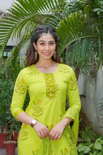 Lime green women kurta pant with dupatta set