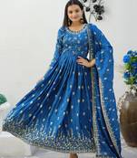 BLUE CHINON  EMBROIDERY PARTY WEAR SUIT SET 