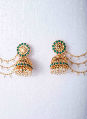 Gold-Plated Jhumki with Green Stone and Pearl Drop Ear Chains 2