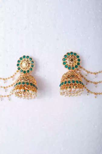 Gold-Plated Jhumki with Green Stone and Pearl Drop Ear Chains