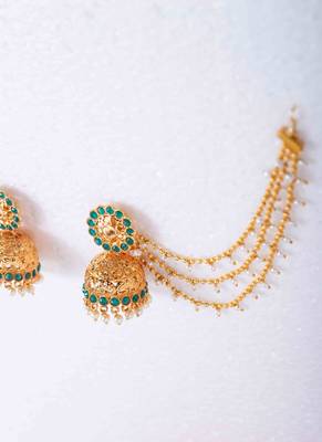 Gold-Plated Jhumki with Green Stone and Pearl Drop Ear Chains 3