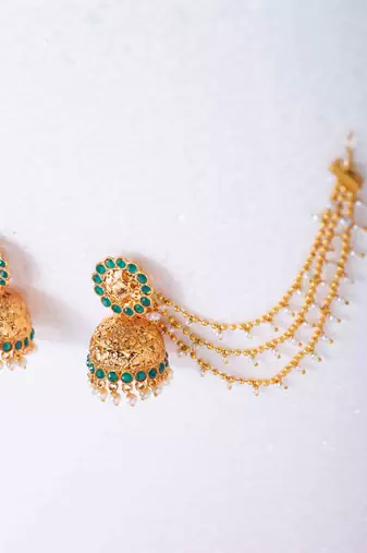 Gold-Plated Jhumki with Green Stone and Pearl Drop Ear Chains
