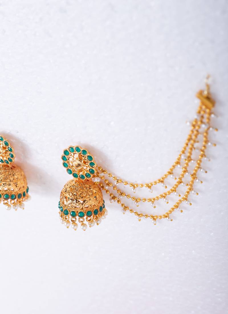 Gold-Plated Jhumki with Green Stone and Pearl Drop Ear Chains
