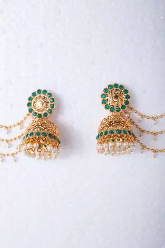 Gold-Plated Jhumki with Green Stone and Pearl Drop Ear Chains