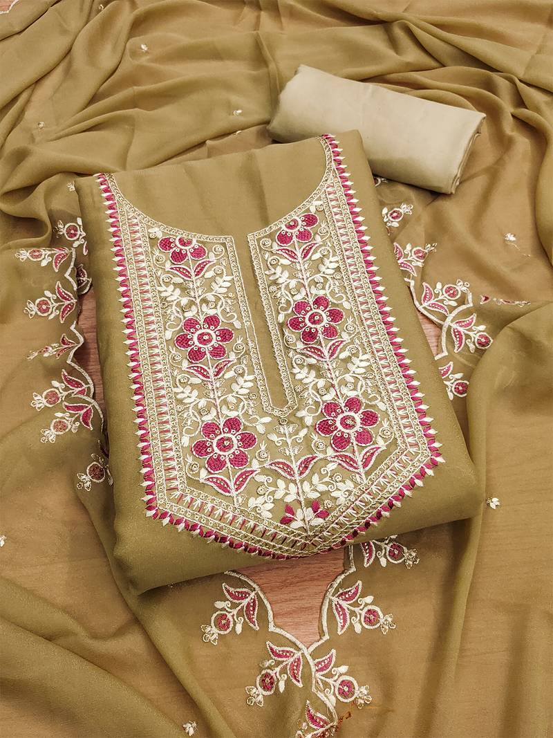 women's brown khakhi georgette salwar suit dress material