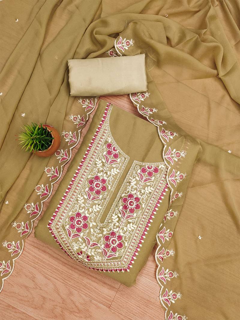 women's brown khakhi georgette salwar suit dress material