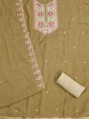 women's brown khakhi georgette salwar suit dress material 4