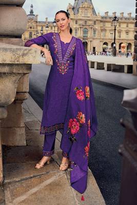 Purple embroidered print handwork jacquard viscose pant straight suit- full stitched 1