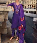 Purple embroidered print handwork jacquard viscose pant straight suit- full stitched