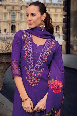 Purple embroidered print handwork jacquard viscose pant straight suit- full stitched 2