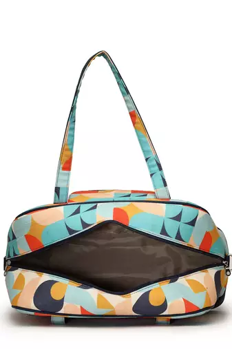 peppy navy & multi polycotton canvas & pu abstract printed duffel travel bag