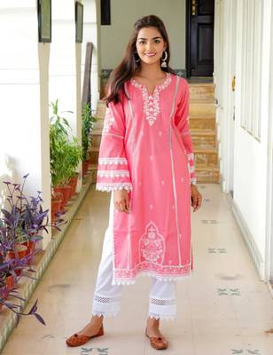 Pink dark cotton embroidery kurta with pant set 1