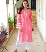 Pink dark cotton embroidery kurta with pant set
