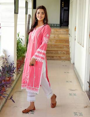 Pink dark cotton embroidery kurta with pant set 2