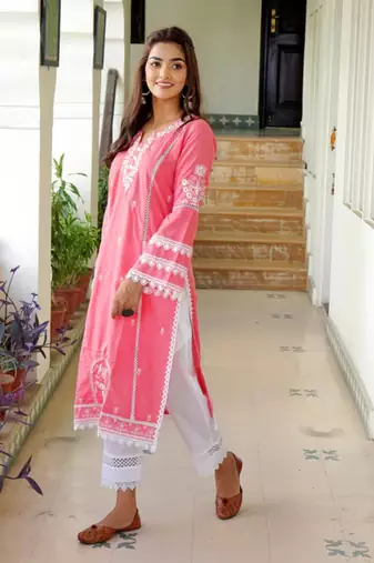 Pink dark cotton embroidery kurta with pant set