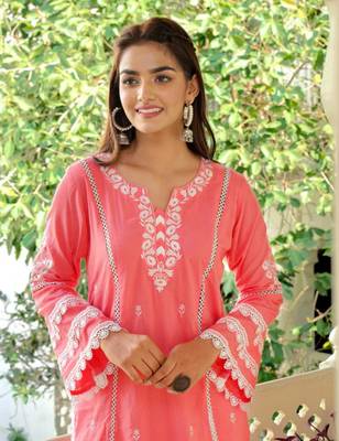 Pink dark cotton embroidery kurta with pant set 3