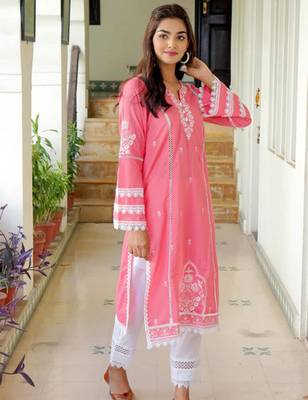Pink dark cotton embroidery kurta with pant set 4