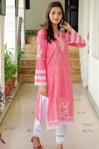 Pink dark cotton embroidery kurta with pant set