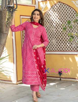Pink bandhej printed aline kurta pant with dupatta set 1