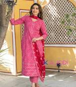 Pink bandhej printed aline kurta pant with dupatta set