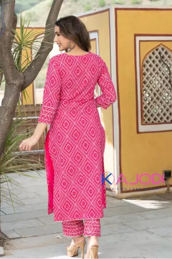 Pink bandhej printed aline kurta pant with dupatta set