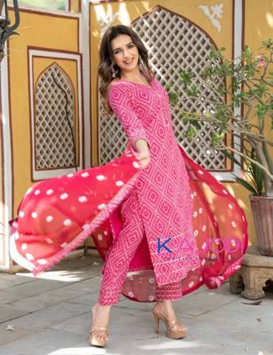 Pink bandhej printed aline kurta pant with dupatta set 3