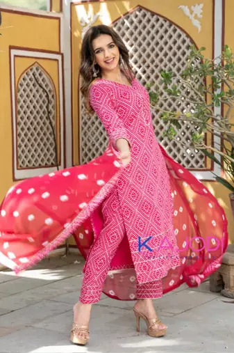 Pink bandhej printed aline kurta pant with dupatta set