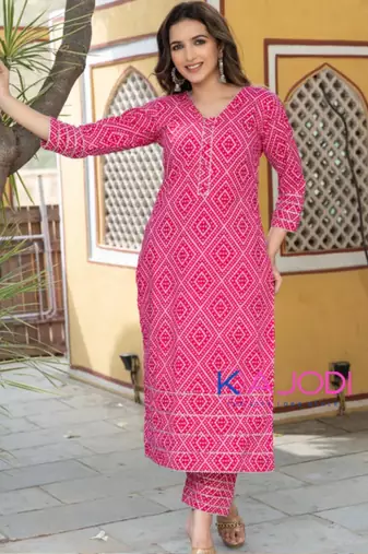 Pink bandhej printed aline kurta pant with dupatta set