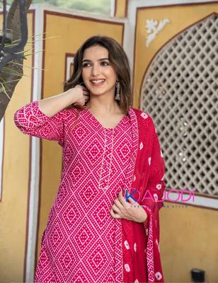 Pink bandhej printed aline kurta pant with dupatta set 5