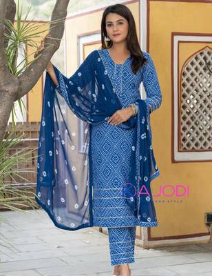 Blue bandhej printed aline kurta pant with dupatta set 1