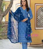 Blue bandhej printed aline kurta pant with dupatta set
