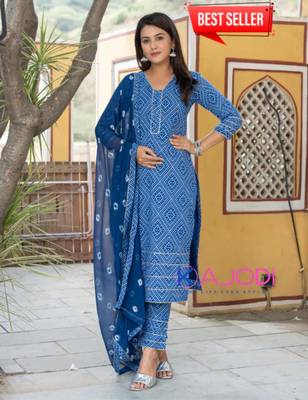 Blue bandhej printed aline kurta pant with dupatta set 2