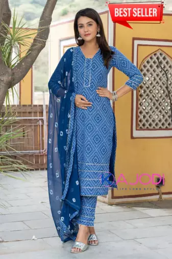Blue bandhej printed aline kurta pant with dupatta set