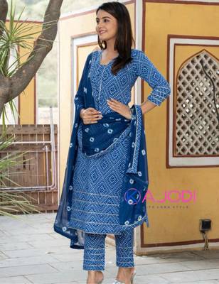 Blue bandhej printed aline kurta pant with dupatta set 3