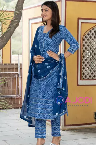 Blue bandhej printed aline kurta pant with dupatta set