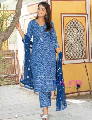 Blue bandhej printed aline kurta pant with dupatta set 4