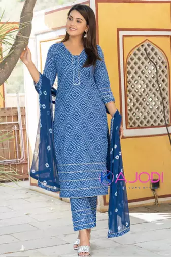 Blue bandhej printed aline kurta pant with dupatta set