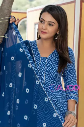 Blue bandhej printed aline kurta pant with dupatta set