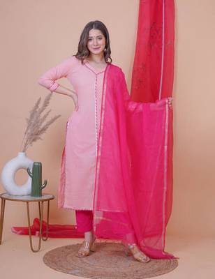 Peach solid aline kurta with pant and dupatta set 1