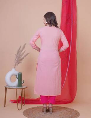 Peach solid aline kurta with pant and dupatta set 2