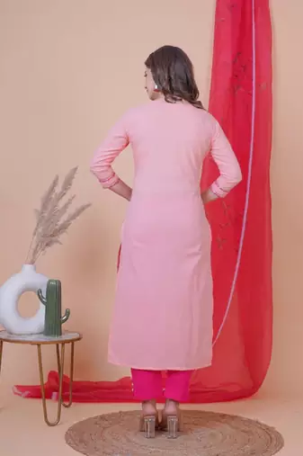 Peach solid aline kurta with pant and dupatta set