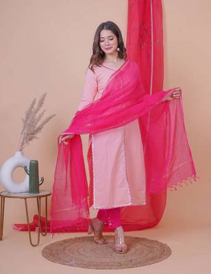 Peach solid aline kurta with pant and dupatta set 3