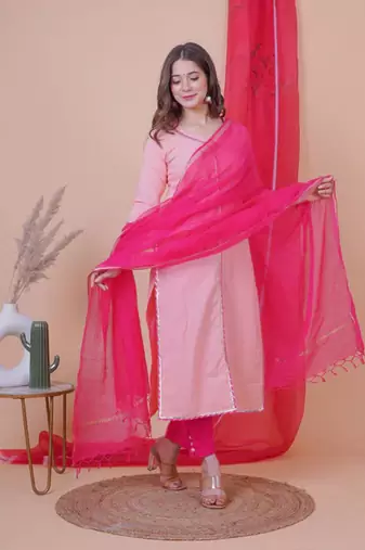 Peach solid aline kurta with pant and dupatta set